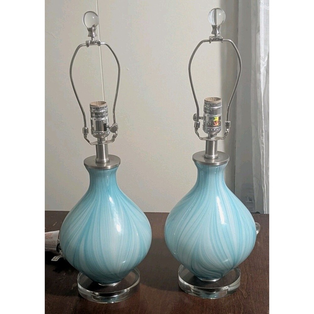 360 Lighting Cirrus Blue Swirl Art Glass Vase Table Lamps Set of 2 Coastal 22"